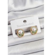 Pirinç Yeşil Mineli Lale Figürlü Sanatsal Portre Model Gold Renk Kadın Küpe - TJ-BKP10673