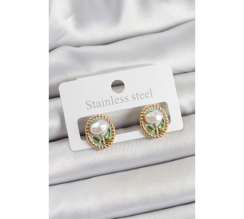 Pirinç Yeşil Mineli Lale Figürlü Sanatsal Portre Model Gold Renk Kadın Küpe - TJ-BKP10673