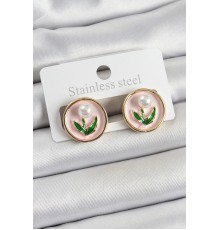 Pirinç Pembe Mineli Lale Figürlü Sanatsal Portre Model Gold Renk Kadın Küpe - TJ-BKP10674