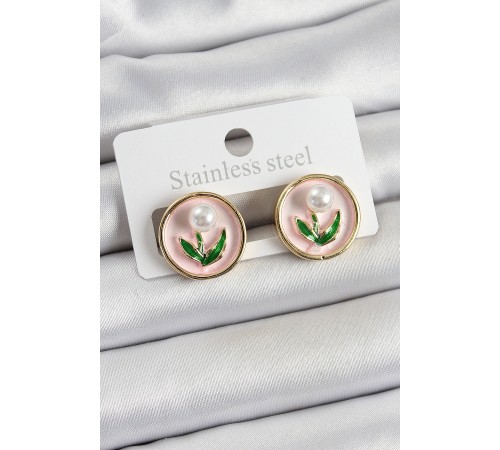 Pirinç Pembe Mineli Lale Figürlü Sanatsal Portre Model Gold Renk Kadın Küpe - TJ-BKP10674