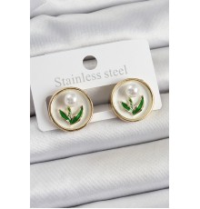 Pirinç Beyaz Mineli Lale Figürlü Sanatsal Portre Model Gold Renk Kadın Küpe - TJ-BKP10675