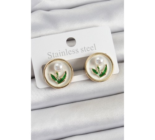 Pirinç Beyaz Mineli Lale Figürlü Sanatsal Portre Model Gold Renk Kadın Küpe - TJ-BKP10675