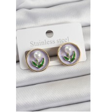 Pirinç Mor Mineli Lale Figürlü Sanatsal Portre Model Gold Renk Kadın Küpe - TJ-BKP10676