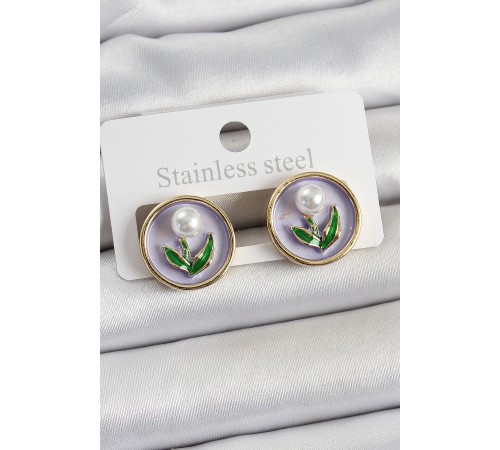 Pirinç Mor Mineli Lale Figürlü Sanatsal Portre Model Gold Renk Kadın Küpe - TJ-BKP10676