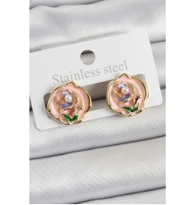 Pirinç Pembe Mineli Çiçek Figürlü Sanatsal Portre Model Gold Renk Kadın Küpe - TJ-BKP10677