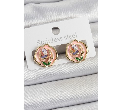 Pirinç Pembe Mineli Çiçek Figürlü Sanatsal Portre Model Gold Renk Kadın Küpe - TJ-BKP10677