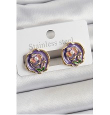 Pirinç Mor Mineli Çiçek Figürlü Sanatsal Portre Model Gold Renk Kadın Küpe - TJ-BKP10678