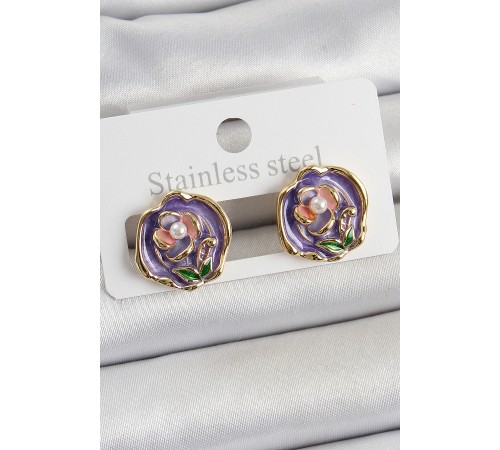 Pirinç Mor Mineli Çiçek Figürlü Sanatsal Portre Model Gold Renk Kadın Küpe - TJ-BKP10678