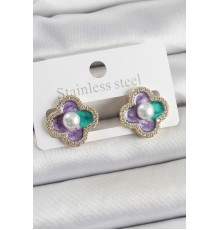 Pirinç Mor Mineli İnci Detaylı Zirkon Taşlı Sanatsal Portre Yonca Model Gold Renk Kadın Küpe - TJ-BKP10680