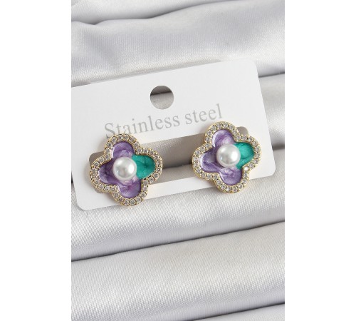 Pirinç Mor Mineli İnci Detaylı Zirkon Taşlı Sanatsal Portre Yonca Model Gold Renk Kadın Küpe - TJ-BKP10680