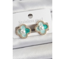 Pirinç Yeşil Mineli İnci Detaylı Zirkon Taşlı Sanatsal Portre Yonca Model Gold Renk Kadın Küpe - TJ-BKP10681