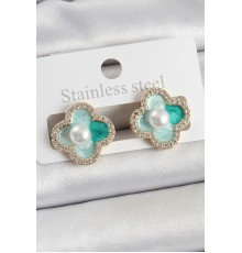 Pirinç Yeşil Mineli İnci Detaylı Zirkon Taşlı Sanatsal Portre Yonca Model Gold Renk Kadın Küpe - TJ-BKP10681