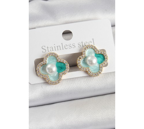 Pirinç Yeşil Mineli İnci Detaylı Zirkon Taşlı Sanatsal Portre Yonca Model Gold Renk Kadın Küpe - TJ-BKP10681