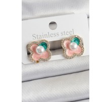 Pirinç Pembe Mineli İnci Detaylı Zirkon Taşlı Sanatsal Portre Yonca Model Gold Renk Kadın Küpe - TJ-BKP10682