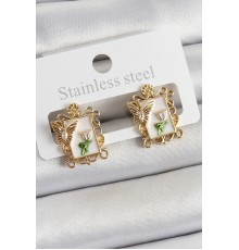 Pirinç Beyaz Mineli Sanatsal Portre Model Gold Renk Kadın Küpe - TJ-BKP10683