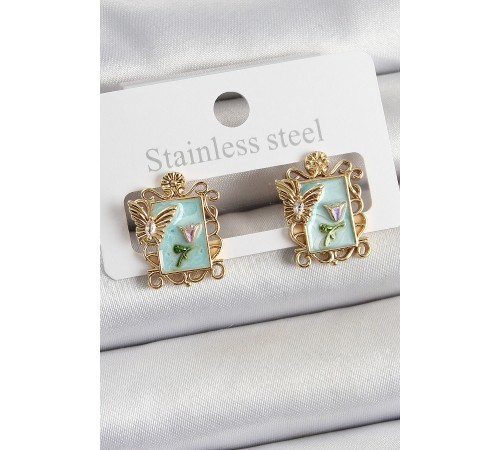 Pirinç Yeşil Mineli Sanatsal Portre Model Gold Renk Kadın Küpe - TJ-BKP10684