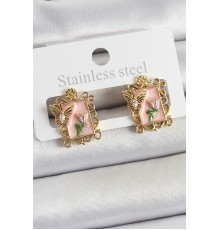 Pirinç Pembe Mineli Sanatsal Portre Model Gold Renk Kadın Küpe - TJ-BKP10685