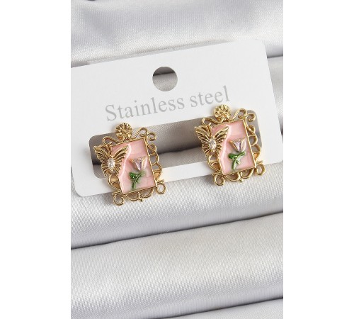 Pirinç Pembe Mineli Sanatsal Portre Model Gold Renk Kadın Küpe - TJ-BKP10685