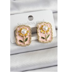 Pirinç Pembe Mineli Papatya Figürlü Sanatsal Portre Model Gold Renk Kadın Küpe - TJ-BKP10687