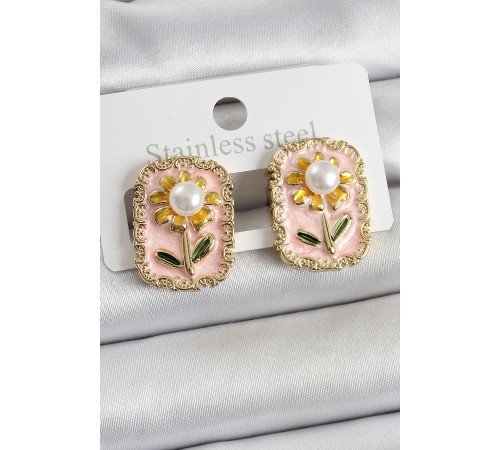 Pirinç Pembe Mineli Papatya Figürlü Sanatsal Portre Model Gold Renk Kadın Küpe - TJ-BKP10687