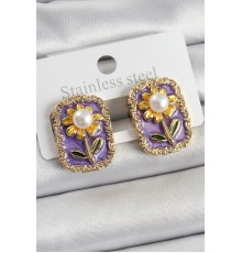 Pirinç Mor Mineli Papatya Figürlü Sanatsal Portre Model Gold Renk Kadın Küpe - TJ-BKP10688