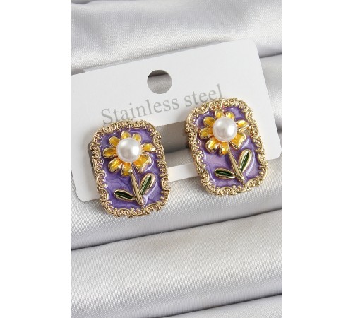 Pirinç Mor Mineli Papatya Figürlü Sanatsal Portre Model Gold Renk Kadın Küpe - TJ-BKP10688