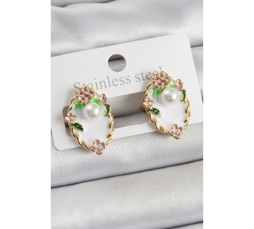 Pirinç Beyaz Mineli İnci Detaylı Sanatsal Portre Model Gold Renk Kadın Küpe - TJ-BKP10689