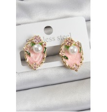 Pirinç Pembe Mineli İnci Detaylı Sanatsal Portre Model Gold Renk Kadın Küpe - TJ-BKP10690