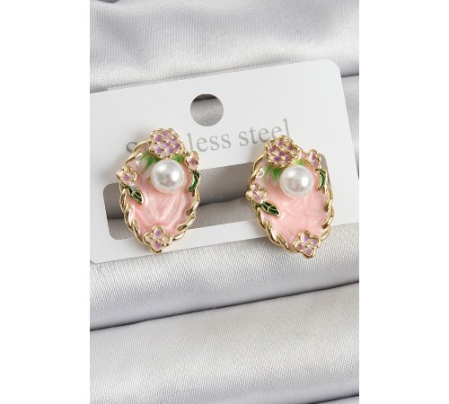 Pirinç Pembe Mineli İnci Detaylı Sanatsal Portre Model Gold Renk Kadın Küpe - TJ-BKP10690