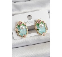 Pirinç Yeşil Mineli İnci Detaylı Sanatsal Portre Model Gold Renk Kadın Küpe - TJ-BKP10691