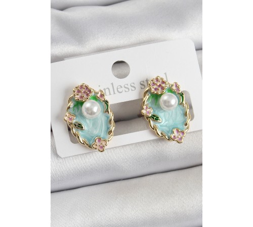 Pirinç Yeşil Mineli İnci Detaylı Sanatsal Portre Model Gold Renk Kadın Küpe - TJ-BKP10691