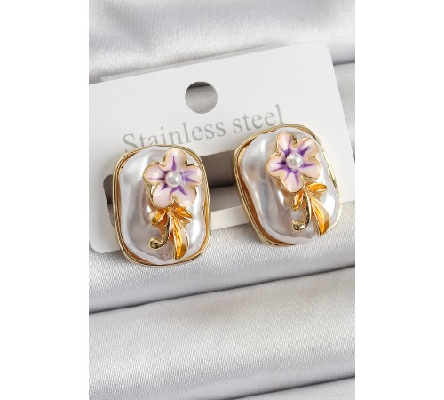 Pirinç Beyaz Mineli İnci Detaylı Çiçek Figürlü Sanatsal Portre Model Gold Renk Kadın Küpe - TJ-BKP10692