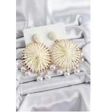 Krem Hasır Örgü Sarmal Model Sallantılı İnci Detaylı Gold Renk Kadın Küpe - TJ-BKP10694