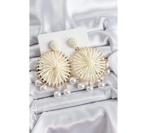 Krem Hasır Örgü Sarmal Model Sallantılı İnci Detaylı Gold Renk Kadın Küpe - TJ-BKP10694