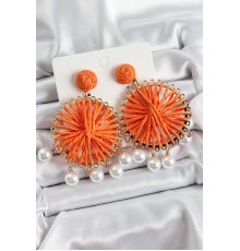 Turuncu Hasır Örgü Sarmal Model Sallantılı İnci Detaylı Gold Renk Kadın Küpe - TJ-BKP10695