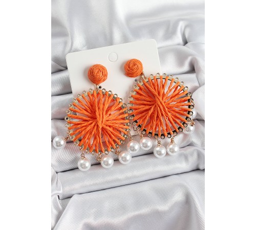 Turuncu Hasır Örgü Sarmal Model Sallantılı İnci Detaylı Gold Renk Kadın Küpe - TJ-BKP10695