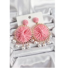 Açık Pembe Hasır Örgü Sarmal Model Sallantılı İnci Detaylı Gold Renk Kadın Küpe - TJ-BKP10696