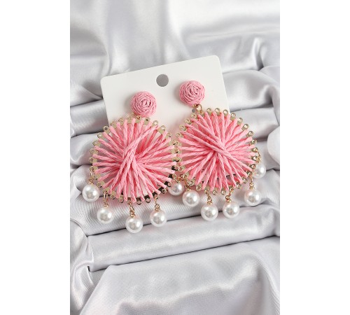 Açık Pembe Hasır Örgü Sarmal Model Sallantılı İnci Detaylı Gold Renk Kadın Küpe - TJ-BKP10696