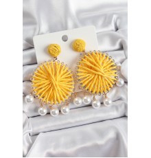 Sarı Hasır Örgü Sarmal Model Sallantılı İnci Detaylı Gold Renk Kadın Küpe - TJ-BKP10697