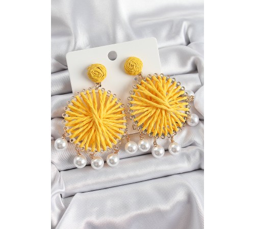 Sarı Hasır Örgü Sarmal Model Sallantılı İnci Detaylı Gold Renk Kadın Küpe - TJ-BKP10697