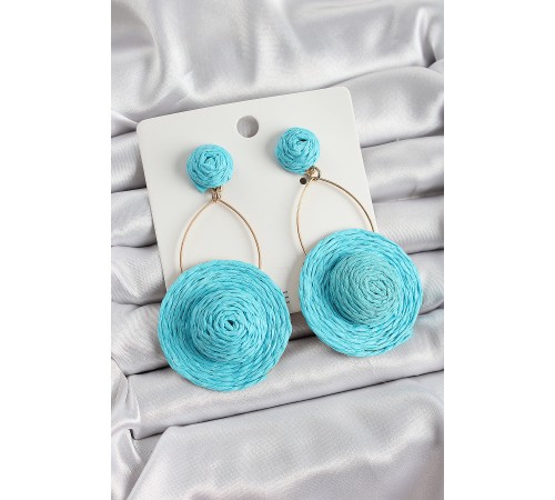 Mavi Şapka Figürlü Hasır Örgü Model Sallantılı Gold Renk Kadın Küpe - TJ-BKP10702