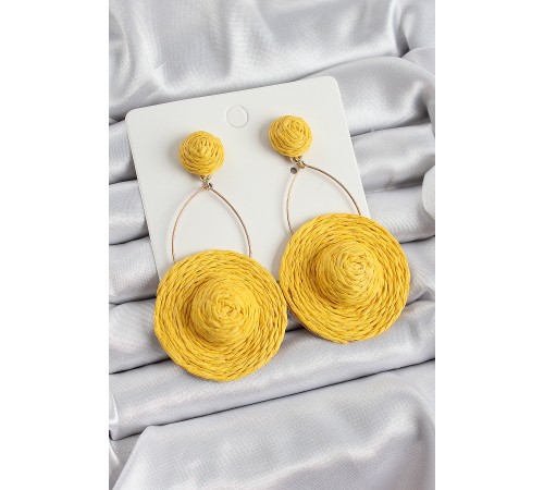 Sarı Şapka Figürlü Hasır Örgü Model Sallantılı Gold Renk Kadın Küpe - TJ-BKP10703