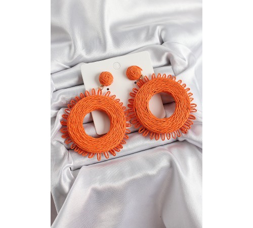 Turuncu Püsküllü Halka Figürlü Hasır Örgü Model Gold Renk Kadın Küpe - TJ-BKP10710