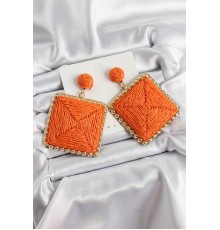 Turuncu Kare Figürlü Hasır Örgü Model Gold Renk Kadın Küpe - TJ-BKP10717