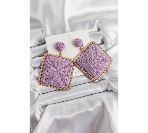 Mor Kare Figürlü Hasır Örgü Model Gold Renk Kadın Küpe - TJ-BKP10719