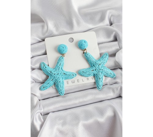 Mavi Deniz Yıldızı Figürlü Hasır Örgü Model Gold Renk Kadın Küpe - TJ-BKP10723