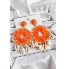 Turuncu Hasır Örgü Sarmal Model Sallantılı Deniz Kabuğu Detaylı Gold Renk Kadın Küpe - TJ-BKP10727