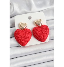 Kırmızı Kalp Figürlü Hasır Örgü Model Gold Renk Kadın Küpe - TJ-BKP10735