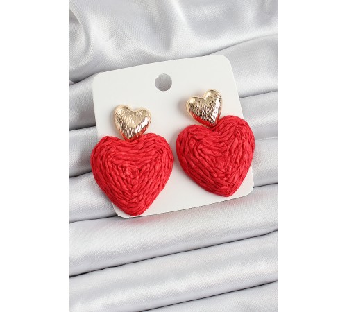 Kırmızı Kalp Figürlü Hasır Örgü Model Gold Renk Kadın Küpe - TJ-BKP10735