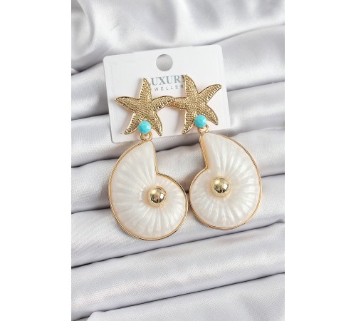 Pirinç Deniz Yıldızı Ve Deniz Kabuğu Figürlü Gold Renk Kadın Küpe - TJ-BKP10737